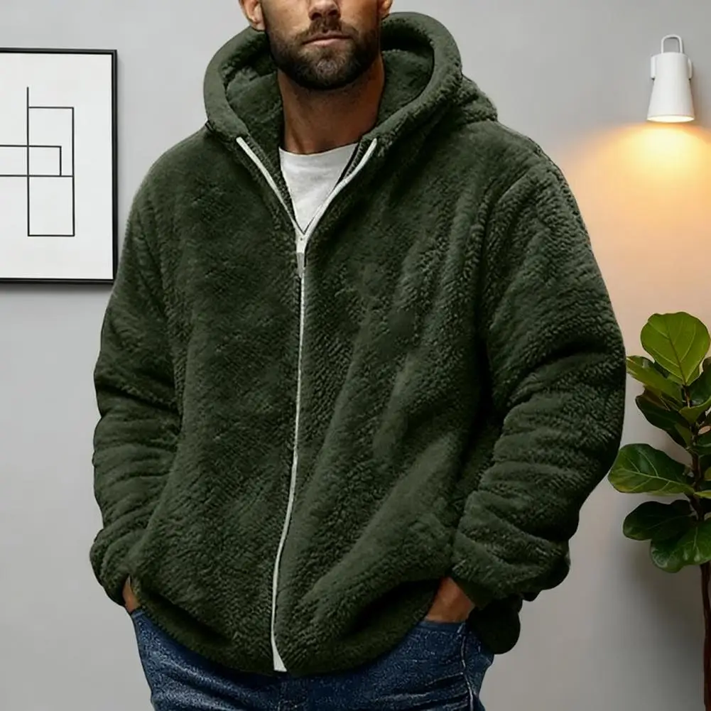 Men Fleece Hooded Jacket Winter Warm Zip Up Sweatshirt Soft Breathable Coat Casual Outerwear Outdoor Sports Daily Use