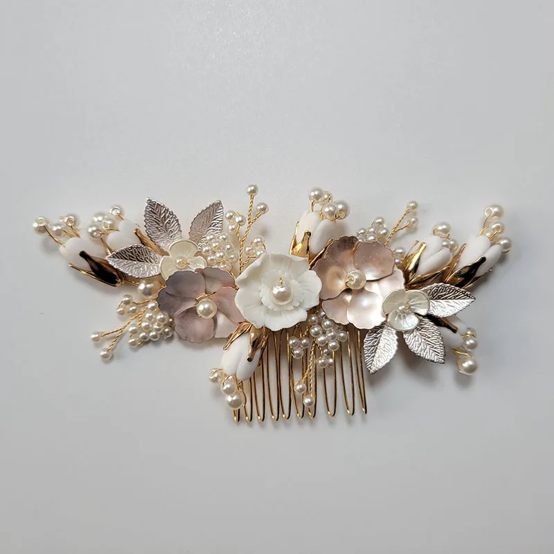 SLBRIDAL Handmade Crystal Rhinestone Pearls Ceramic Flower Bridal Hair Comb Wedding Hair Accessories Bridesmaids Women Jewelry