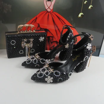 Sapatos De Noiva Pérola Negra e Conjunto De Saco Para Mulheres, Bombas Altas, Alça De Tornozelo, Fivela, Vestido De Festa, Tamanho Grande, Nova Chegada, Moda