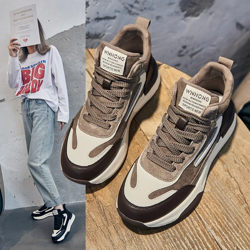 2024 Early Spring New Genuine Leather High Top Dad Shoes Women's Thick Sole Color Blocking and Velvet Lacing Casual Sports Shoes Instagram Trendy_voghion.com
