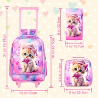 3PCS Rolling Backpack for Girls, Kids Roller Wheels Bookbag, Wheeled Elementary School Bag with Lunch Bag - Cat 3