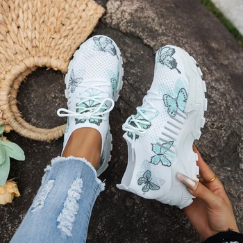 Women Butterfly Print Mesh Sneakers White EVA Platform Shoes Breathable Knit Lace Up Daily Walking Casual Trainers