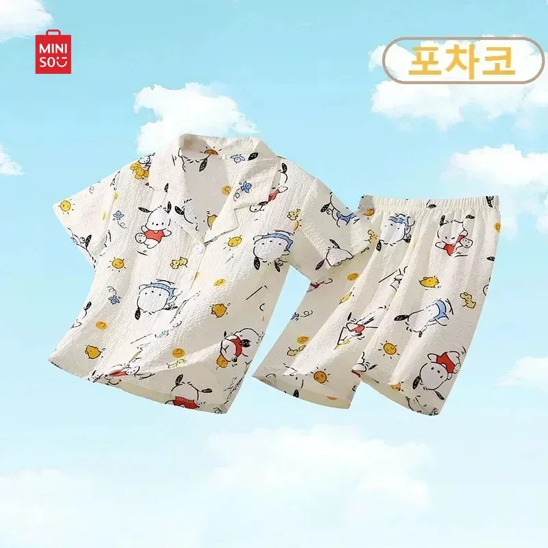 어린이 잠옷 세트, 애니메이션 시나모롤 포차코 헬로 키티, 어린이 가디건, 반팔 잠옷, 소녀 소년 홈웨어, 여름