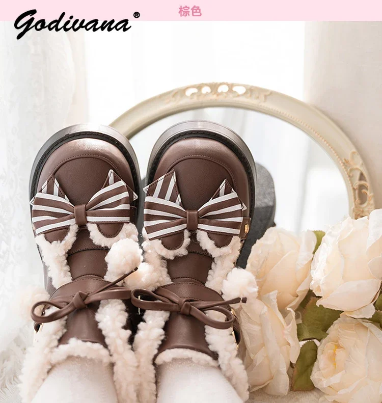 Bottes de rinçage Lolita pour femmes, velours chaud d'hiver, style japonais, plate-forme à tête ronde, bottes de neige pour filles mignonnes, chaussures à tube court, nouveau - AliExpress