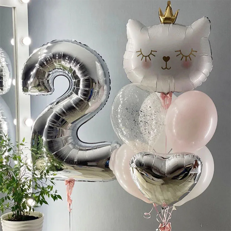 

9pcs White Crown Cat Number Foil Balloons Happy Birthday Party Decorations Kids Girl 1 2 3 4 5 6 7 8 9 Year Old Animal Supplies