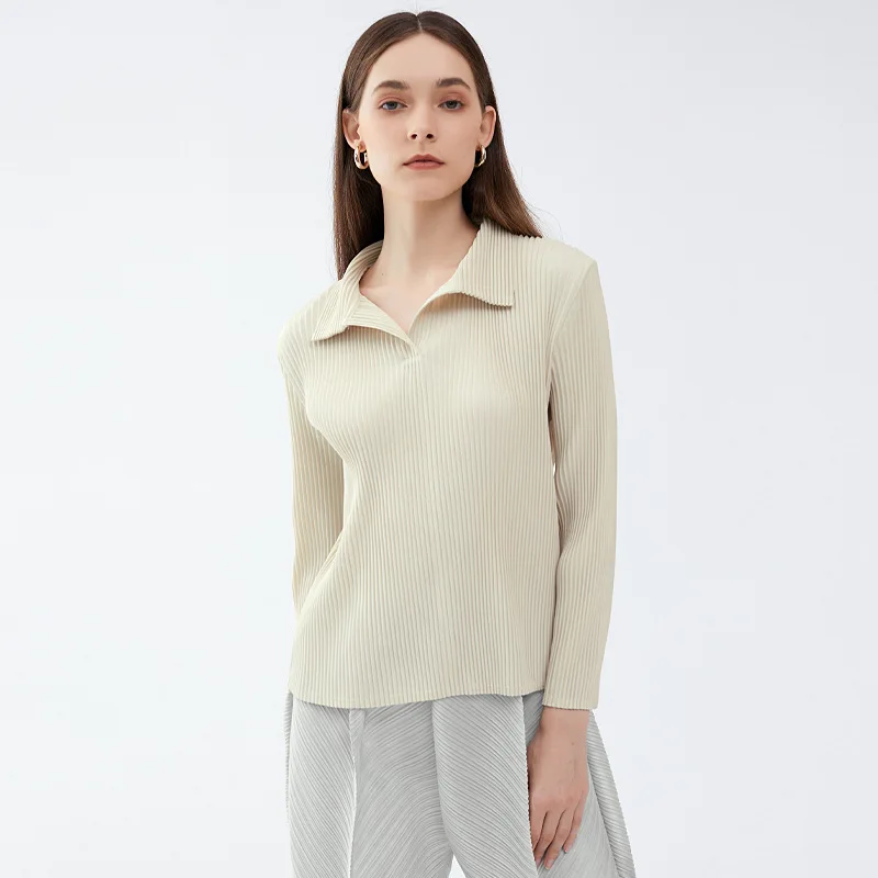 

COZOK, Новинка осени 2024, плиссированная повседневная женская футболка-поло с длинным рукавом и воротником, облегающий однотонный универсальный модный топ WT545