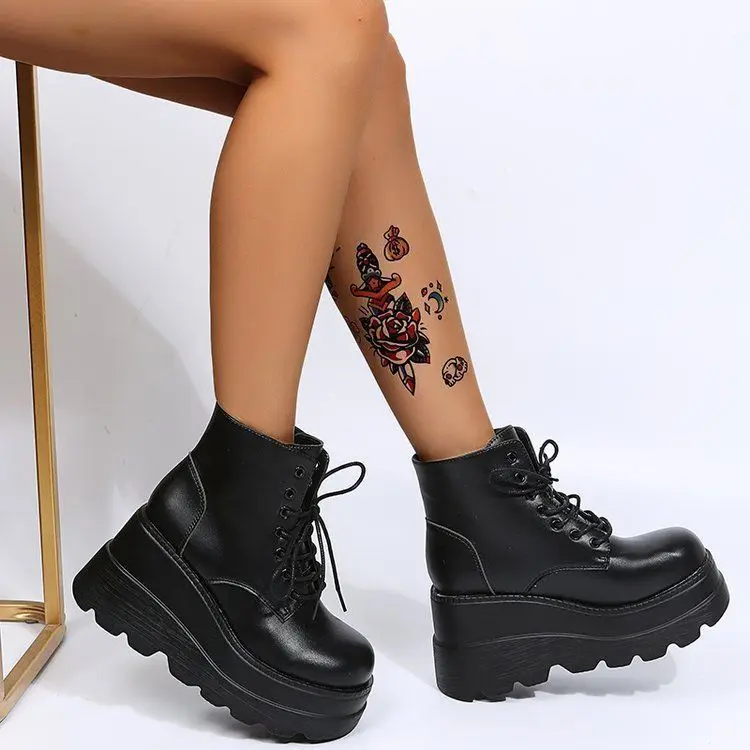 Women's 20cm Short  Boots Padded Heel High Heel Fall Winter Fashion Boots round Toe Rubber Outsole Waterproof PU Leather - 3
