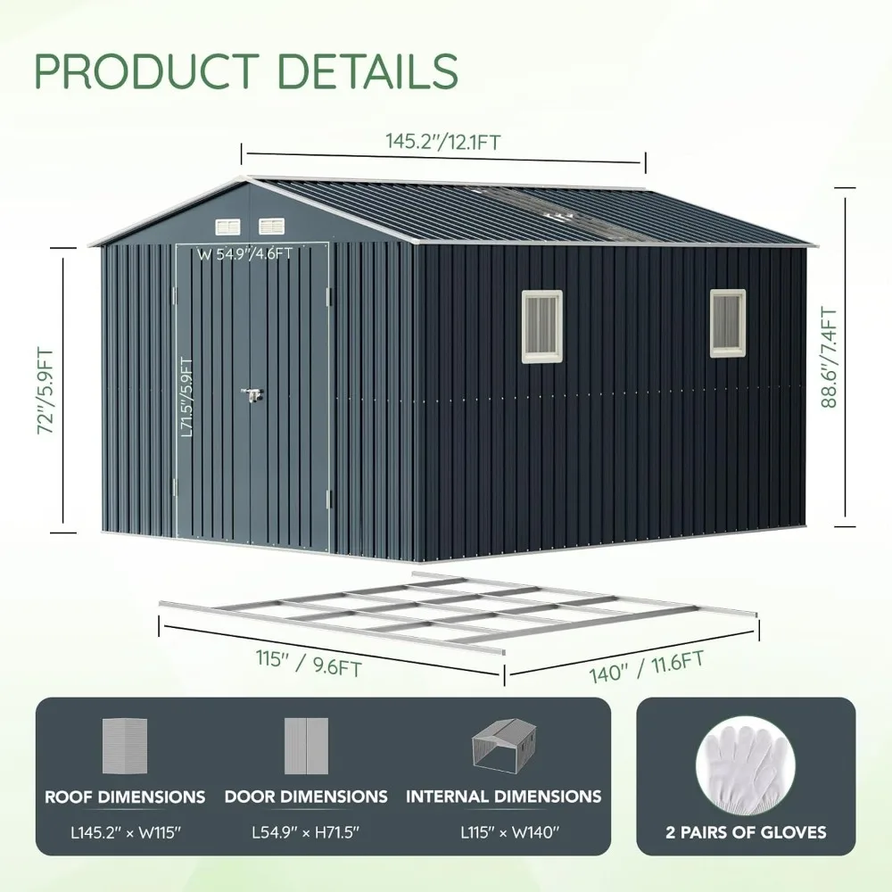 10X12X7.5 FT Outdoor Steel Storage Shed with Lockable Doors, 2 Windows, Transparent Roof Panels 5
