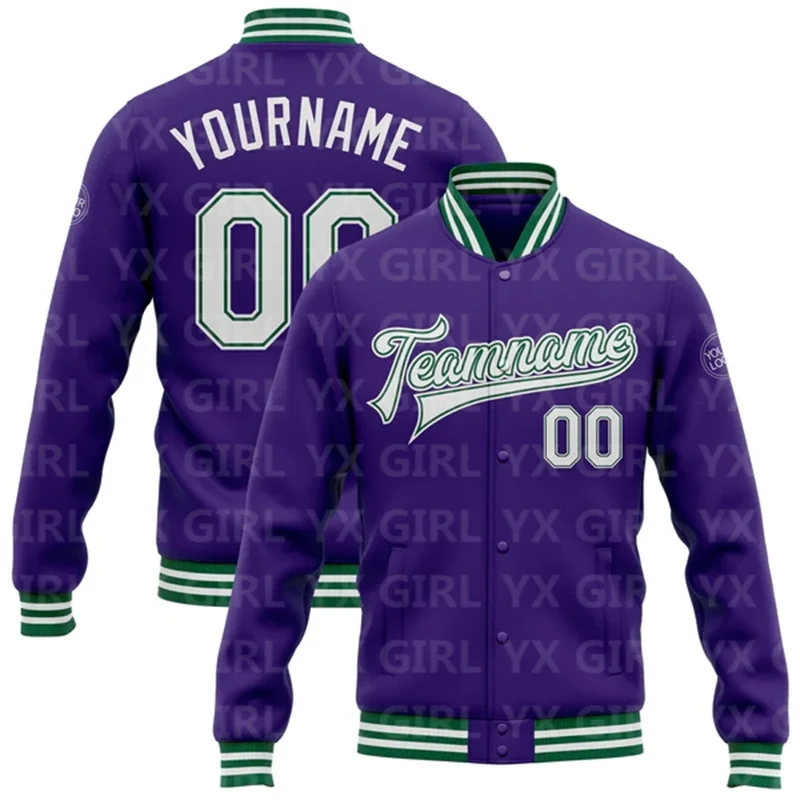 Custom Purple White-Kelly Green Bomber Full-Snap Varsity Letterman Jacket Baseball Button Jacket