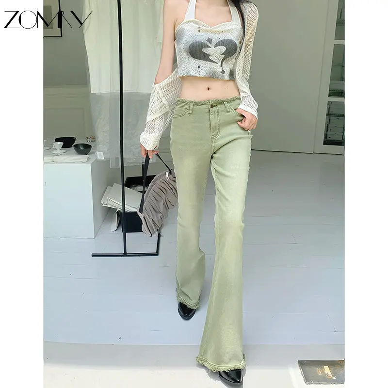 

ZOMRY Low Waist High Elastic Flared Jeans American Retro Raw Edge Design Mopping Trouser Comfortable All Match Streetwear Women