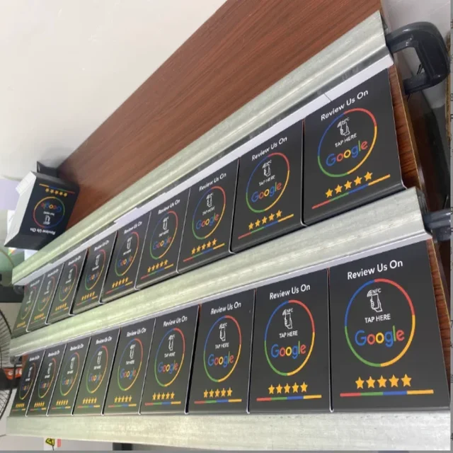 13.56Mhz programmable Google Review Card NFC station table NFC Google Reviews display bending card standing brand bracket 4