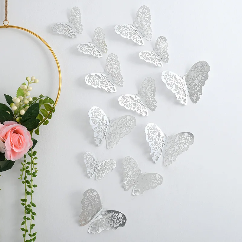 NEW 12Pcs 3D Hollow Butterfly Wall Sticker Home Decoration Kids Room Party Wedding Decor Rose Gold Butterfly Fridge DIY Stickers