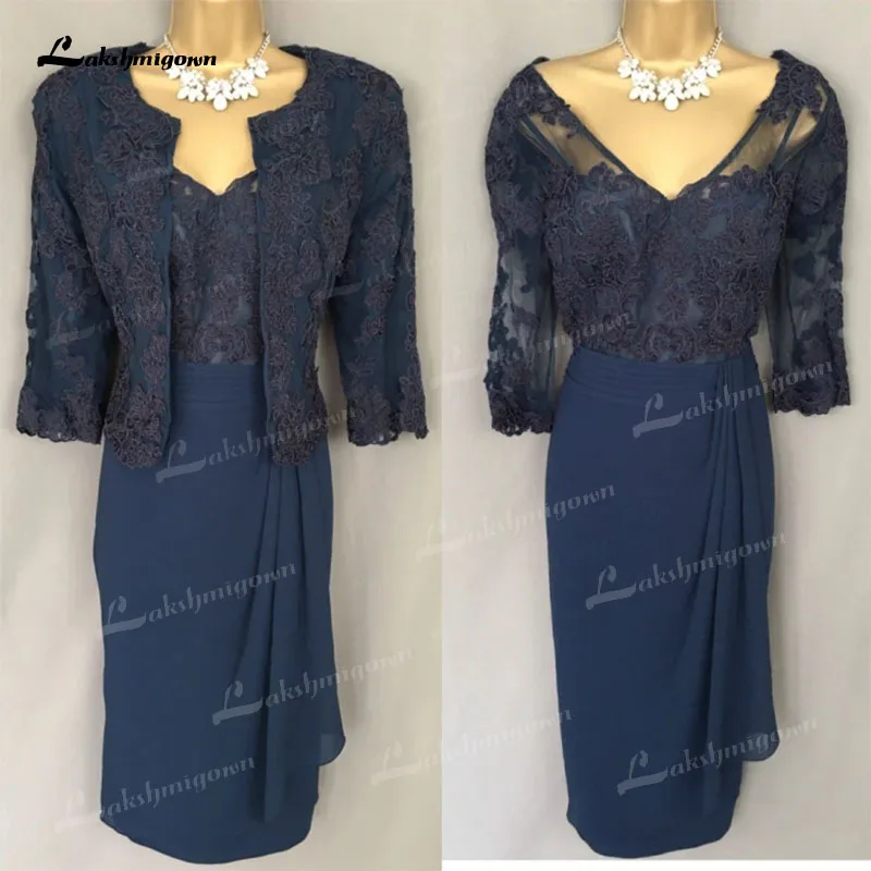 

Short V Neck Mother of the Bride Dress with Jacket Lace Applique Three Quarter Sleeve Gorgeous Woman Formal Dinner Dresses 2022