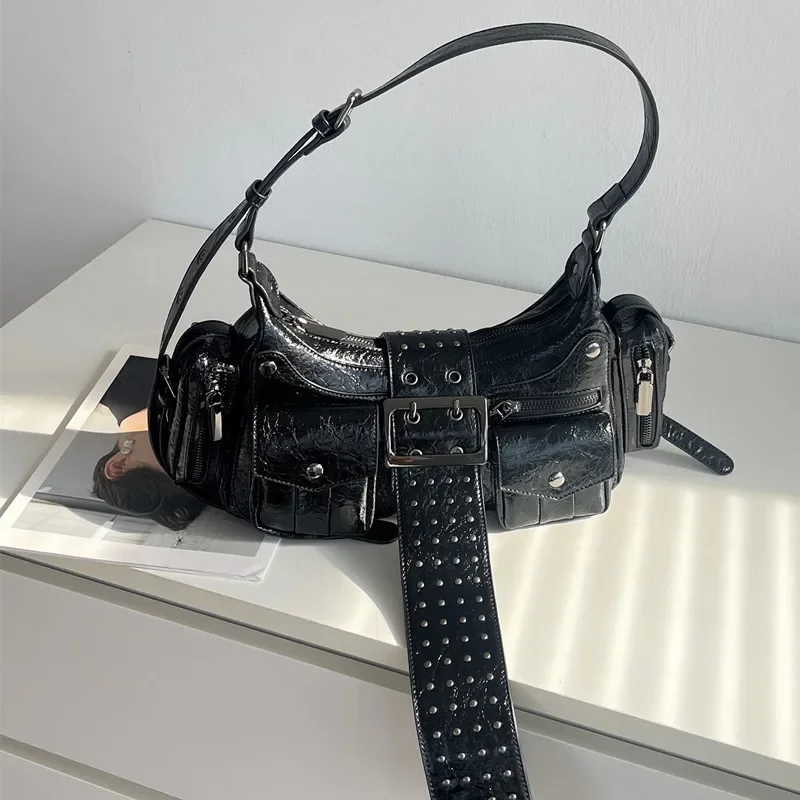 Punk Multi-Zipper Tassel Rivet Motorcycle Bag Fashion Hobos Women Shoulder Bags Y2K Half Moon Underarm Bag Trend Handbags 2024