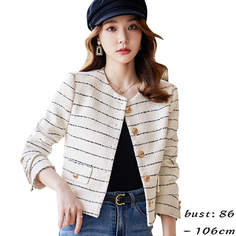 High quality short blazer for women striped jacket single breasted wool blend spring 2024 elegant fashion clothes - white