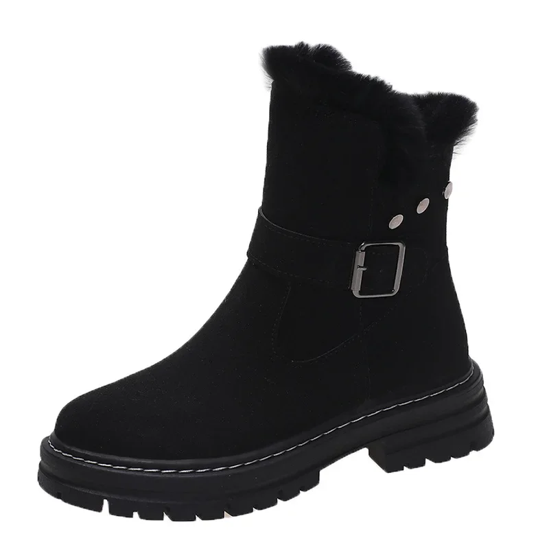 

2024 Winter Warm Platform Boots for Women Fashion Casual Solid Color Buckle Designer Shoes Female Flock Ankle Botines Mujer