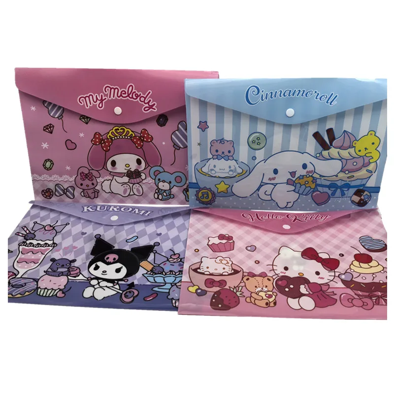 Anime Kuromi Plastic Folders Snap File Bag A4 Waterproof Folder Student Test Paper Office Supplies File Thickened Exam Bag 4pcs
