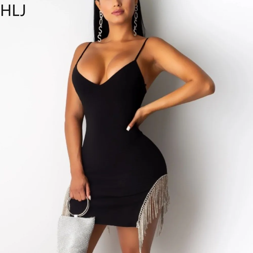 

HLJ Sexy Solid Color Tassels Irregular Suspenders Dress Women V Neck Sleeveless Bodycon Mini Dresses Fashion Party Club Vestidos