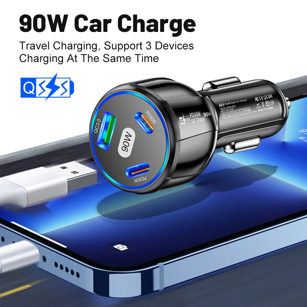 Caricabatterie per Auto USB 3-in-1 90W con PD Type C e QC3.0, Ricarica Rapida per iPhone, Xiaomi, Samsung, Adattatore per Auto - Image 2
