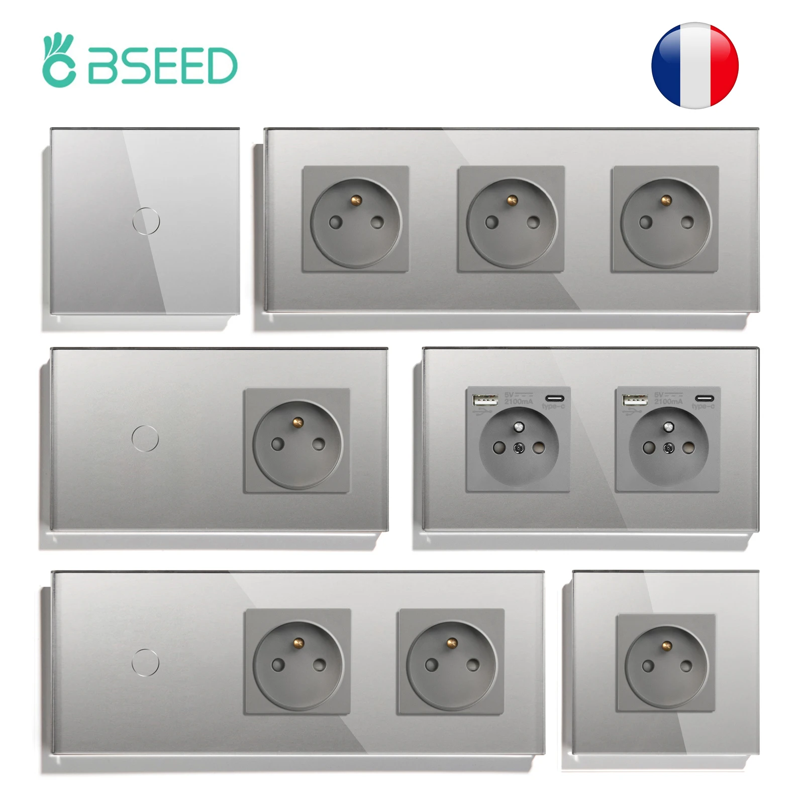 Interruptores de Luz Bseed-touch com Sensor 1way Gang 3gang Tipo-c Usb Tomadas de Parede Francesas Painel de Vidro Luz Azul Cinza