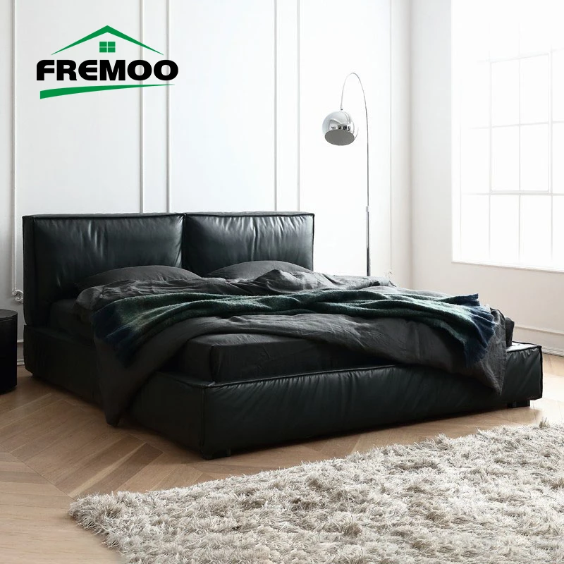 이탈리아 심플한 가정용 가구 침대, 퀸/킹 침대 프레임, 블랙 가죽 모던 침실 가구 세트, 디자이너 더블 침대 