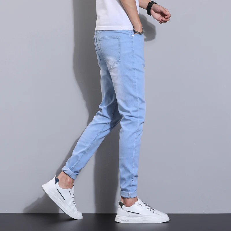 Men's Autumn New High Elastic Jeans Sky Blue Fashion Slim Fit Casual Denim Trousers Classic Cotton Skinny Pants