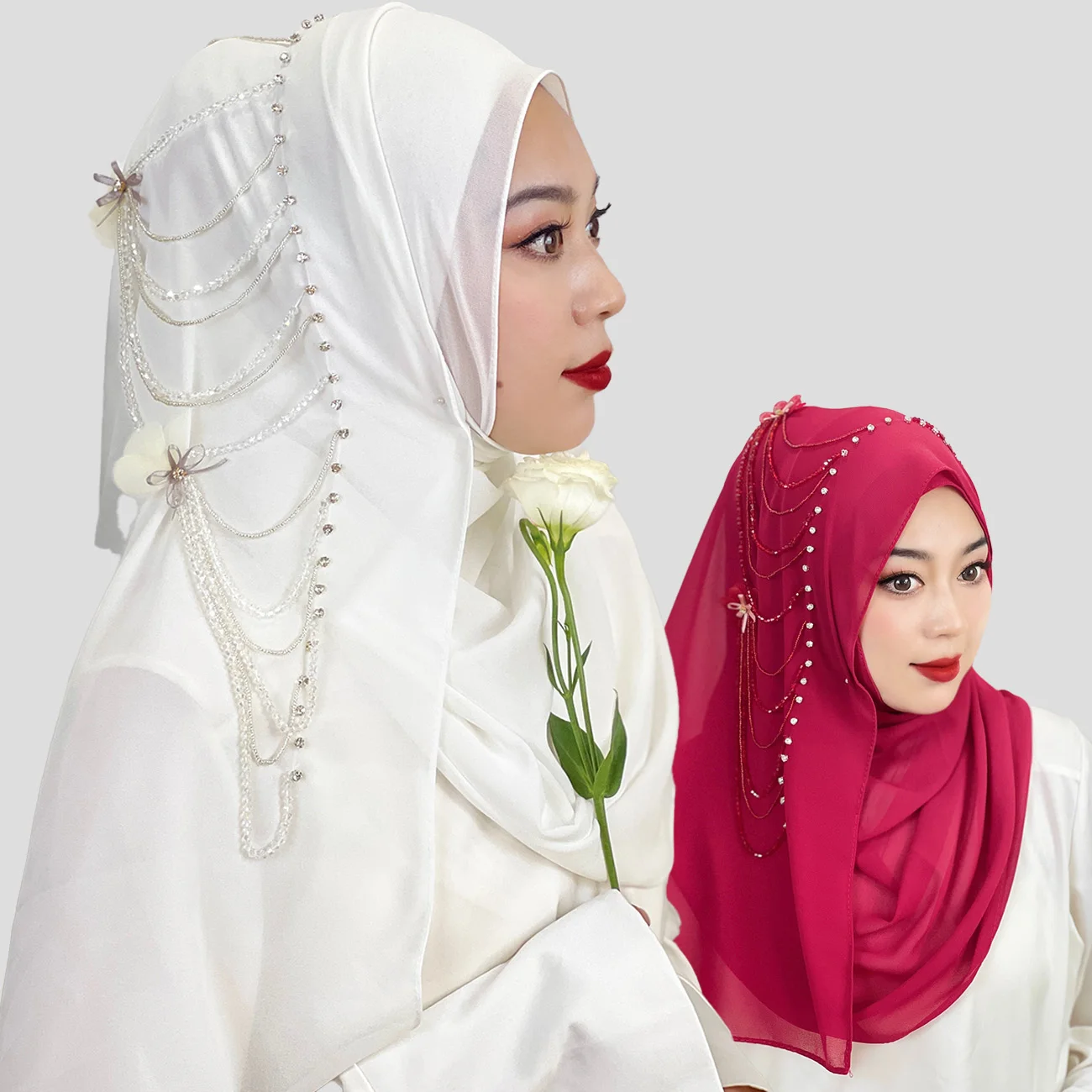 MuslimBeadedSolidColorFlowerHijabHatWomenHijabHijabHairLoss
