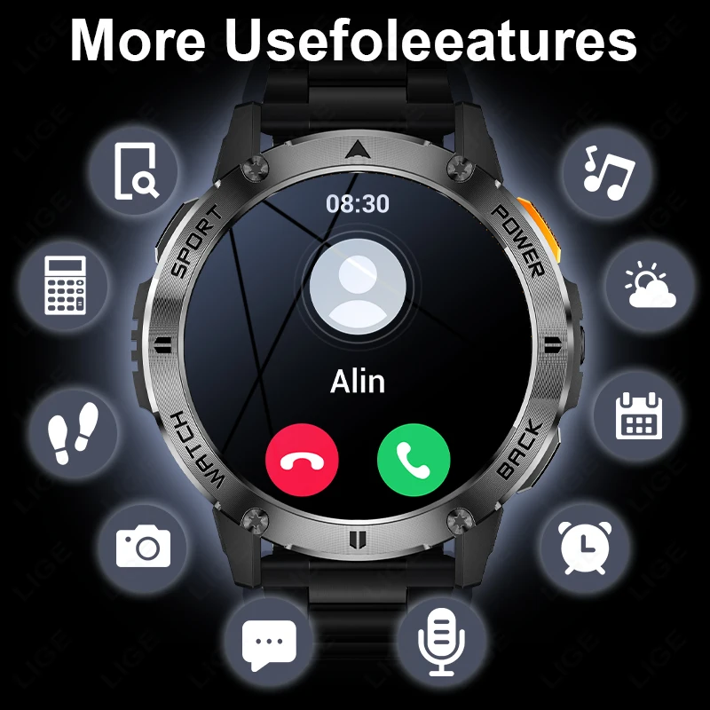 LIGE New Smart Watch IP68 Waterproof For Men Bluetooth Call Health Monitor With Flashlight 100+ Sports Modes Smartwatch 400mAh