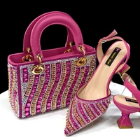 2025 Shiny Italian Fashion Pointed Toe Women Heel Fashion Rhinestone Decoration Fuchsia Color Shoes And Bag Set