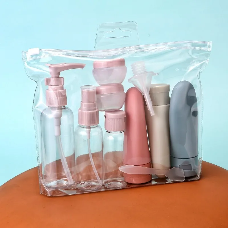 thumbnail image 1 of Juego de 11 botellas de viaje con bolsa de almacenamiento, tamaño de viaje, envases vacíos para crema líquida, loción, botella rociadora, tubos exprimibles, 1 of 5