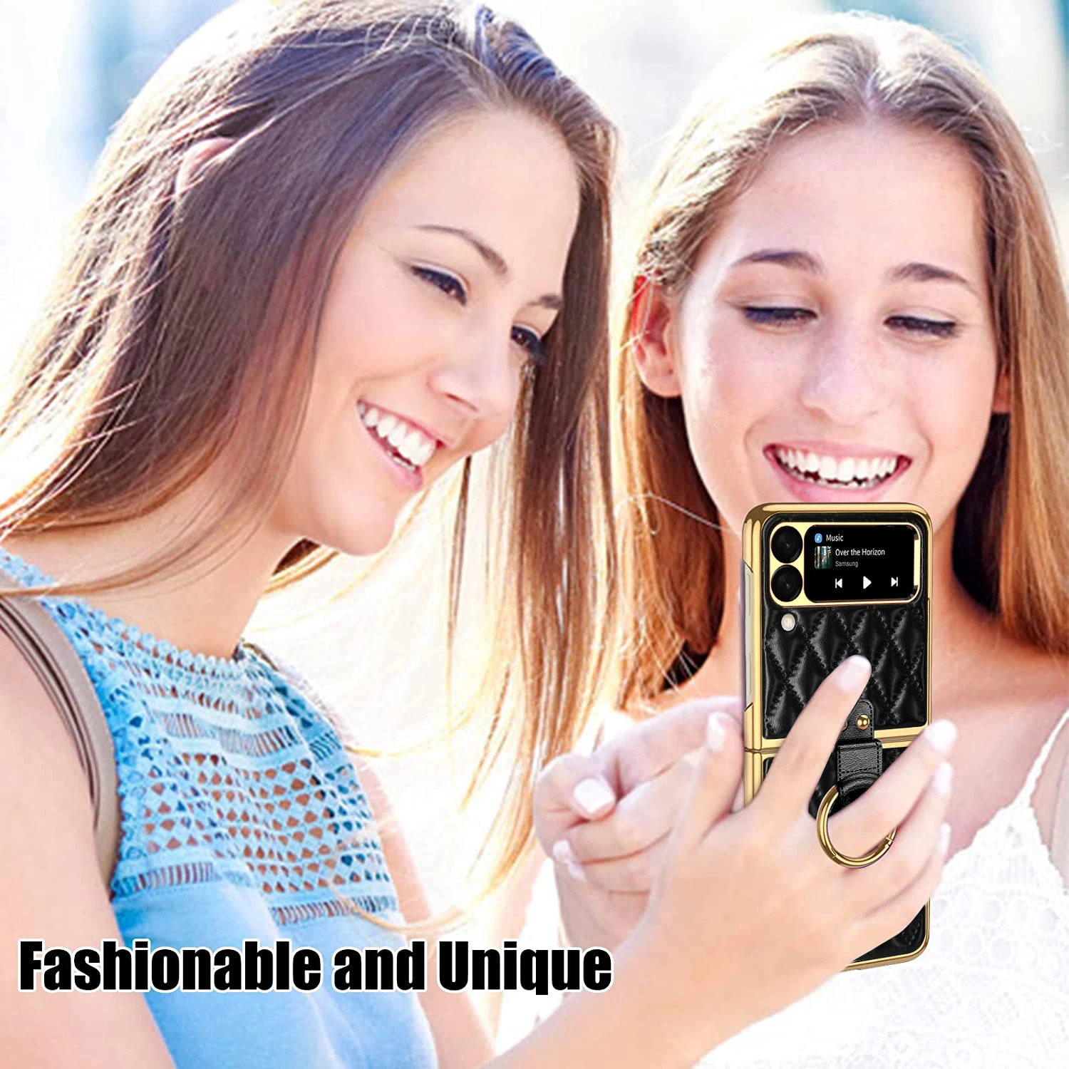 Leather Case for Samsung Galaxy Z Flip5 4 3 5G Ring Holder Shockproof Protective Cover with Camera Lens Protection Plating Frame