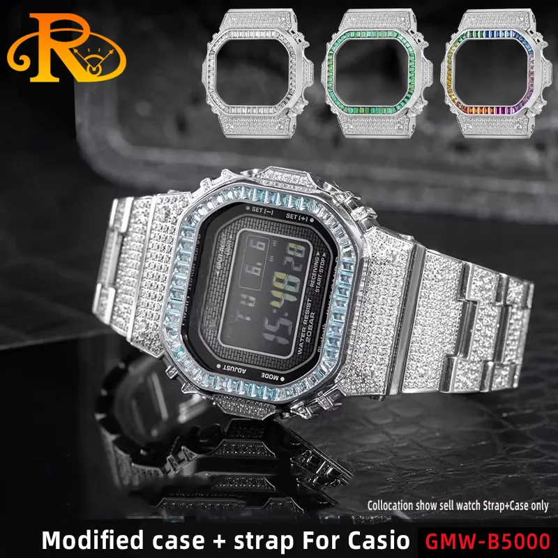 

For Casio GMW-B5000 watch Strap cool modified diamond-encrusted Metal Case small square stainless steel men watchband Bracelet