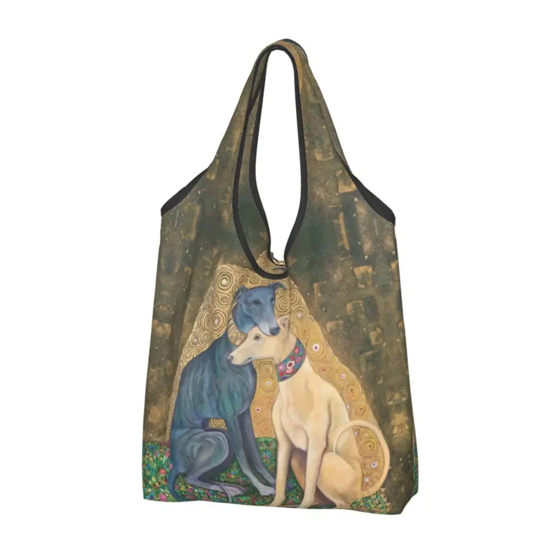 

Reusable Gustav Klimt Greyhound Art Shopping Women Tote Bag Portable Whippet Sihthound Dog Groceries Shopper Bags