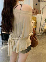 Sexy Thin See Through Long sleeve Oversize T shirt Women Bandage Off shoulder Top Female Basic Long Tees Korean Chic Lady New 5