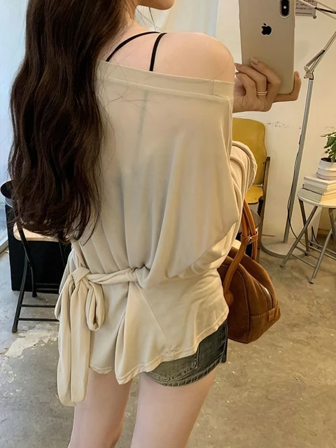 Sexy Thin See Through Long sleeve Oversize T shirt Women Bandage Off shoulder Top Female Basic Long Tees Korean Chic Lady New 5