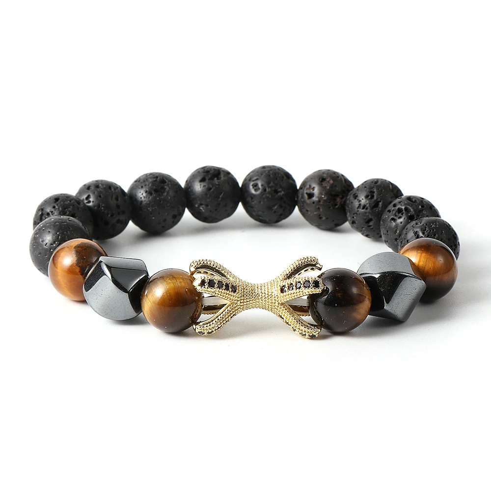 Natural Stone 10mm Hematite Lava Rock Beaded Bracelet for Men Brass Cubic Zircon Octopus Charm
