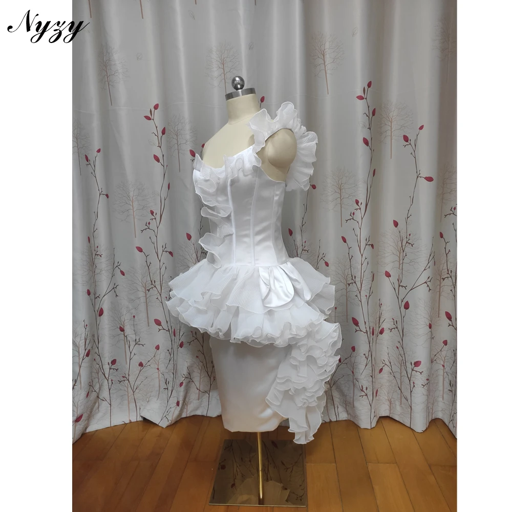 One-Shoulder Tea-length Cocktail Dresses with Ruffles NYZY C355 Wedding Party Gowns Date Cocktail Evening