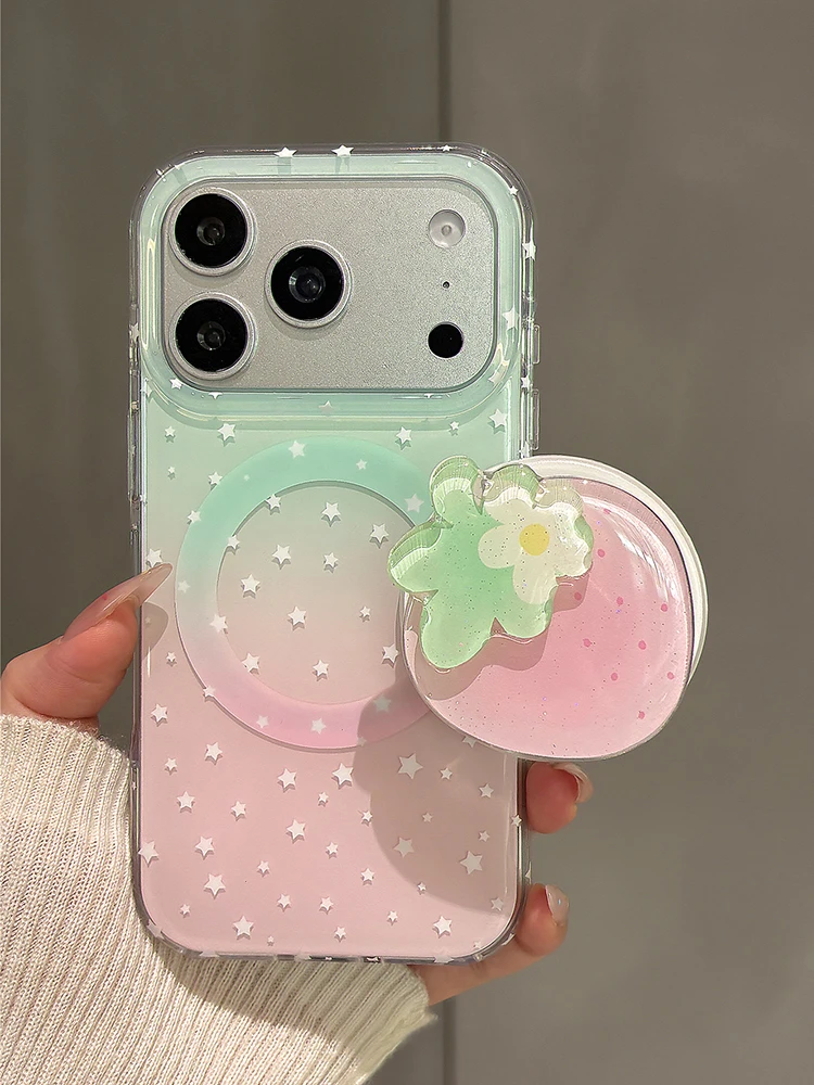 Stylish Strawberry Grip Tok Stand with Gradient Stars and Magnetic Wireless Charging Cover