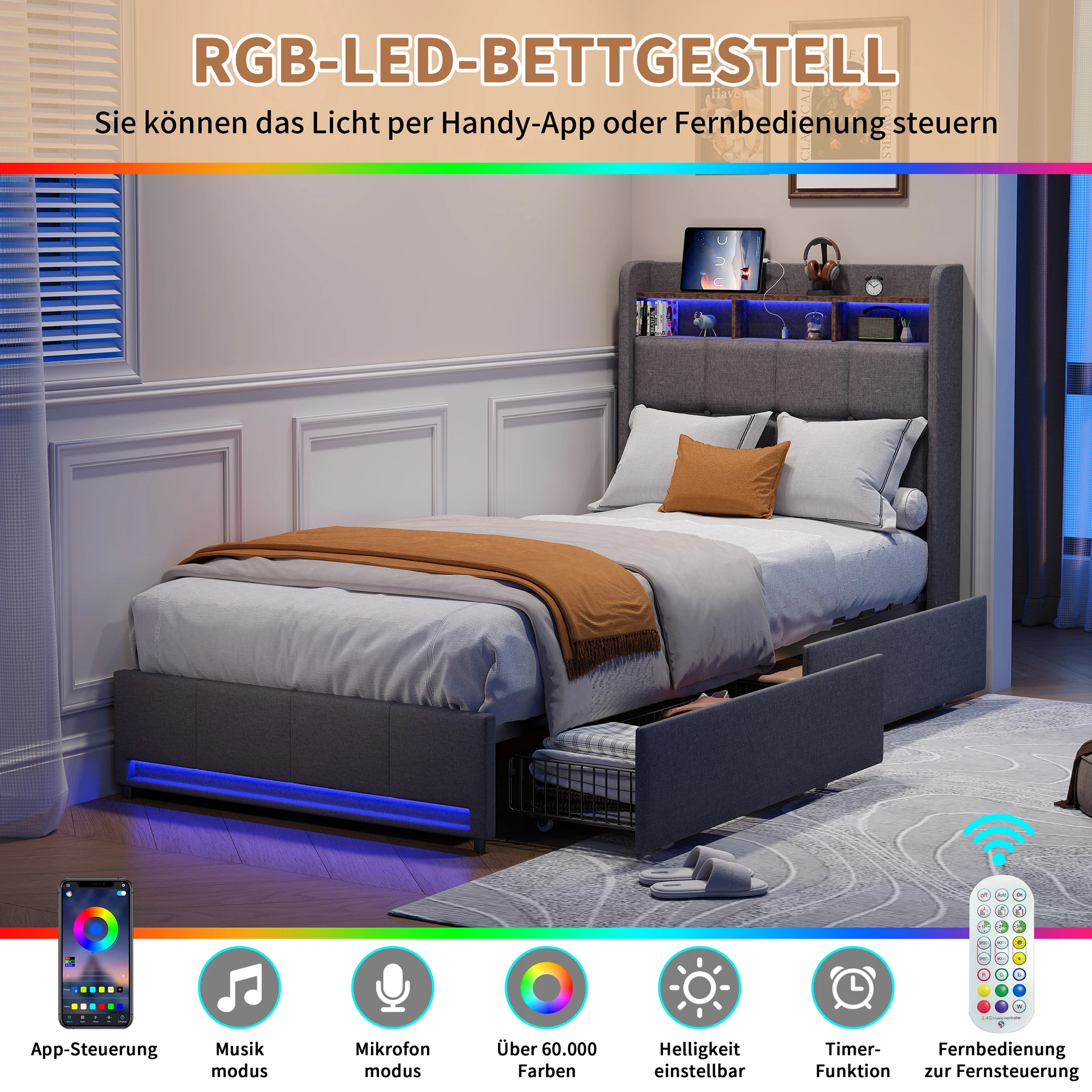 Lit pour enfants Rosahqnda, 90x200CM, lit simple, avec lumières LED et chargeurs USB, lit de rangement avec tiroir et étagère, beige/noir 1 Lit pour enfants Rosahqnda, 90x200CM, lit simple, avec lumières LED et chargeurs USB, lit de rangement avec tiroir et étagère, beige/noir 1
