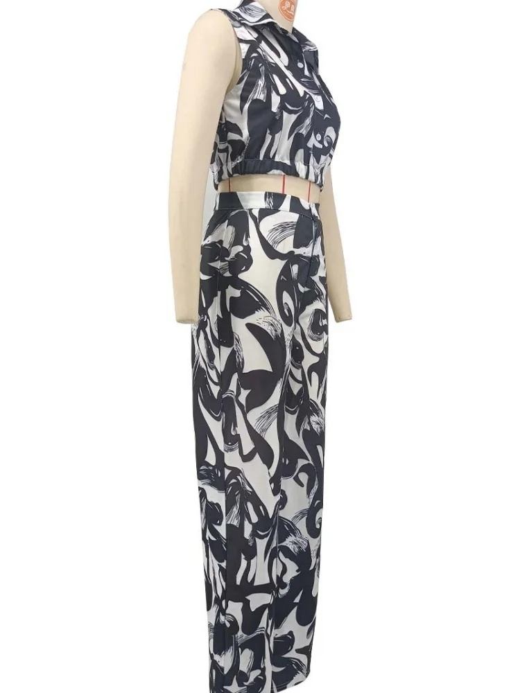 Wmstar Two Piece Sets Wholesale Print Wide Leg Pants Set Casual Summer Button Lapel Sleeveless Top and Casual Trousers New Style