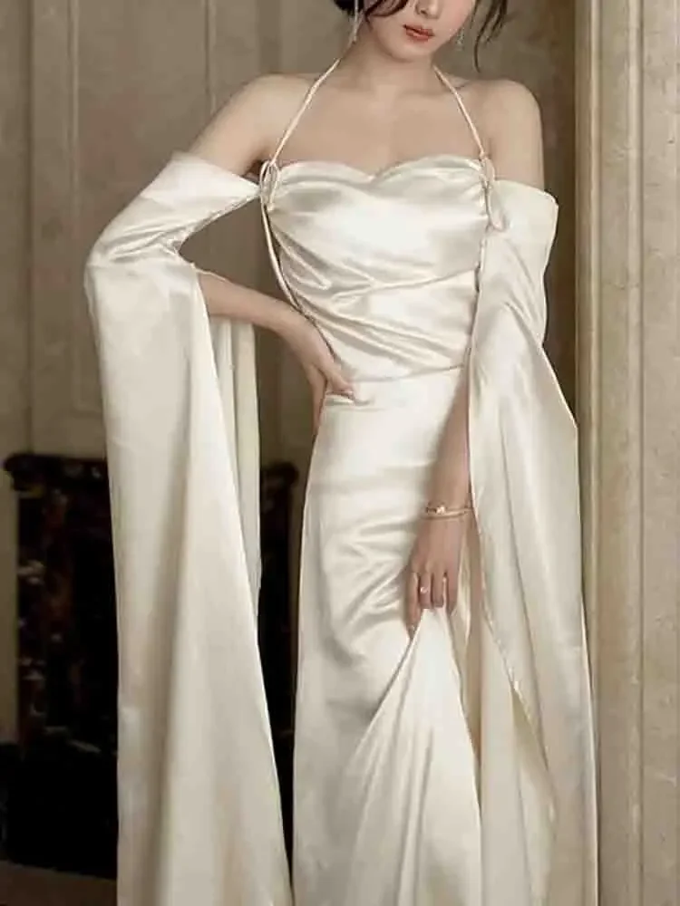 

Элегантное корейское шелковое платье миди, женское винтажное платье с открытой спиной, модель 2024 года, французское вечернее Повседневное платье, женское свадебное платье