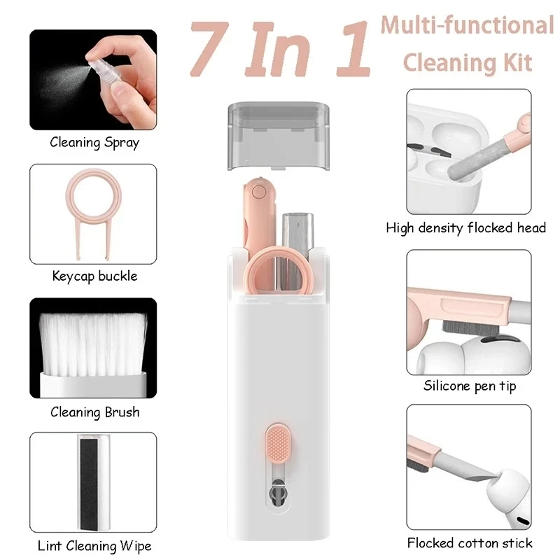 Kit spazzola per la pulizia della tastiera 7 in 1 Penna per la pulizia degli auricolari per AirPods Strumenti per la pulizia dell'iPhone Kit per la pulizia del computer Estrattore per copritasti - Image 2