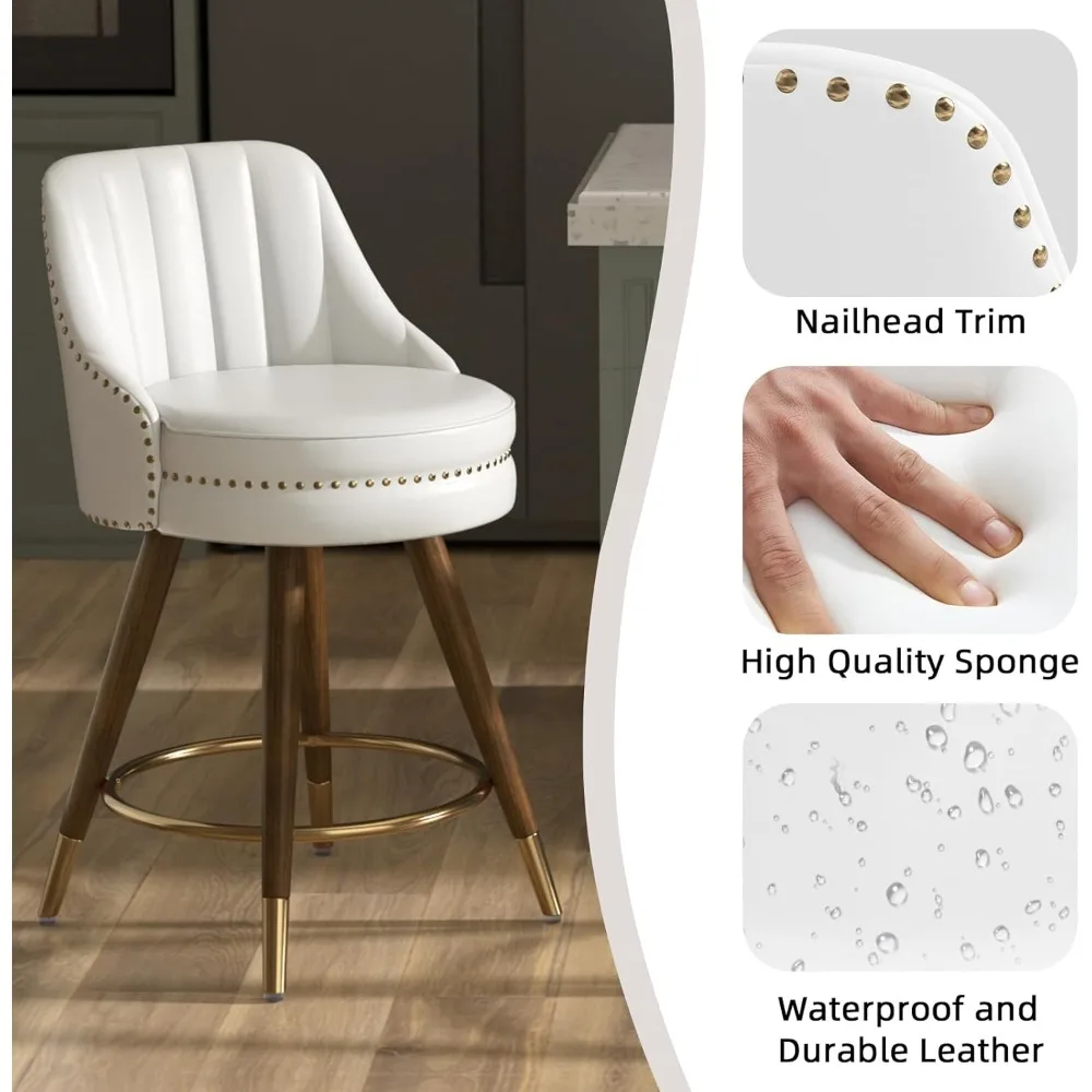 counter height bar stools set of 2, 24" leather white bar stools with backs, swivel counter stools with wooden legs for kitchen,