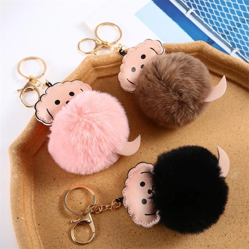 

Брелок для ключей с маленьким меховым помпоном из ягненка, металлический милый аксессуар с подвеской в виде очаровательной овчины для защиты от потери, для рюкзака