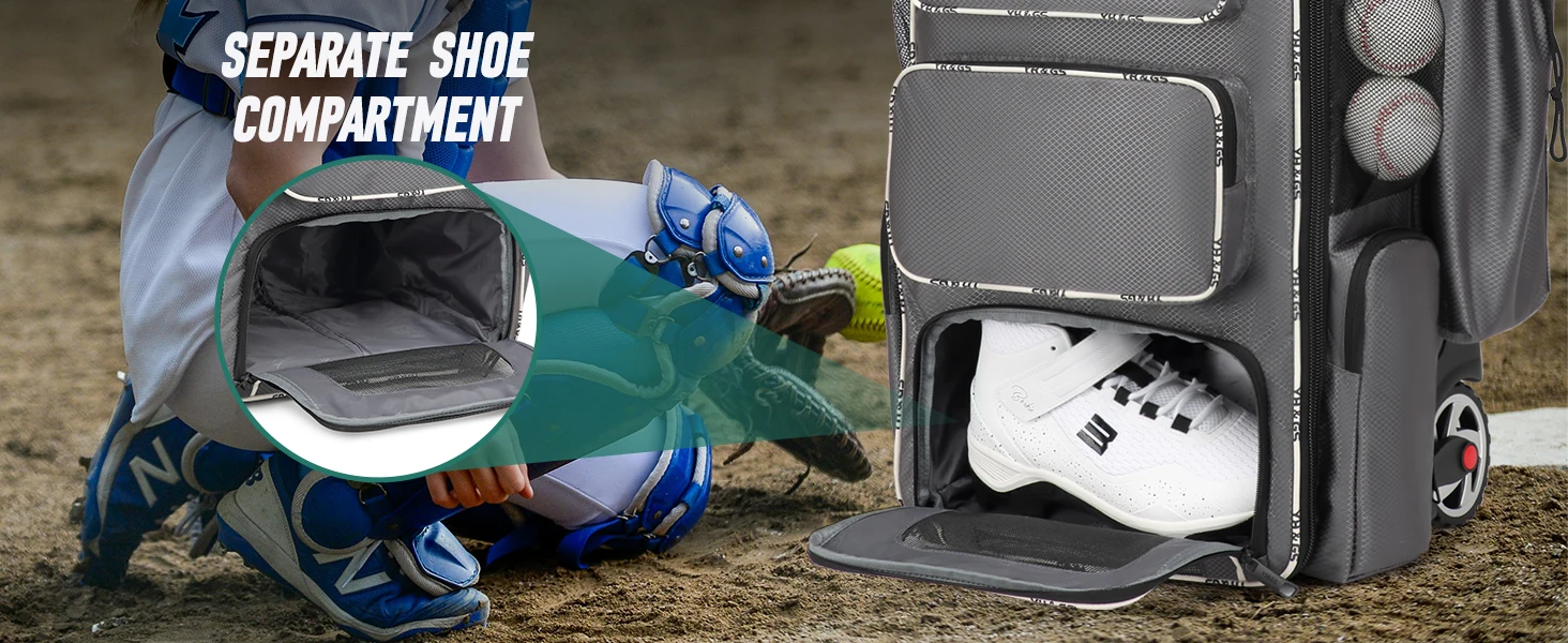 Rollbare Baseball-Tasche mit Rädern und Zaun-Haken für T-Ball-Schlägerausrüstung, Leichte Baseball-Schlägertasche mit Schuhfach – Detail 7