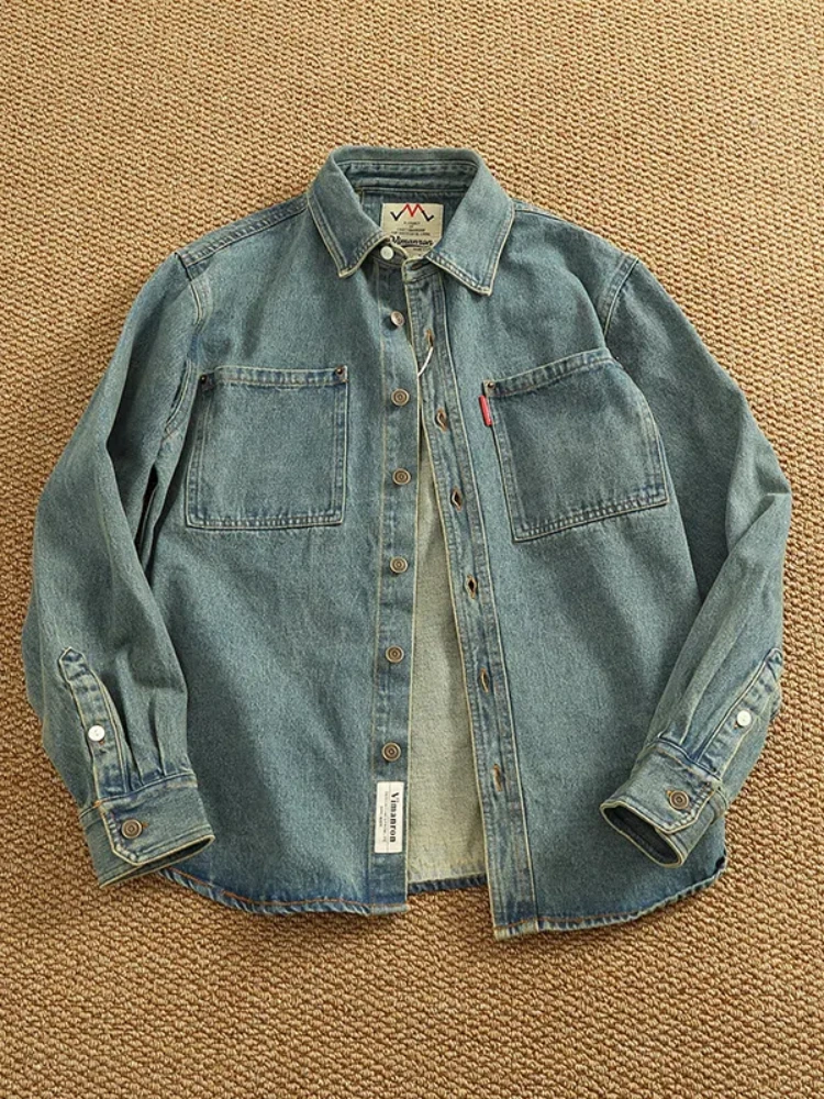 Spring American Retro Heavyweight Double Pocket Denim Cargo Shirt Men's Simple Cotton Washed Casual Blouses Thin Jacket