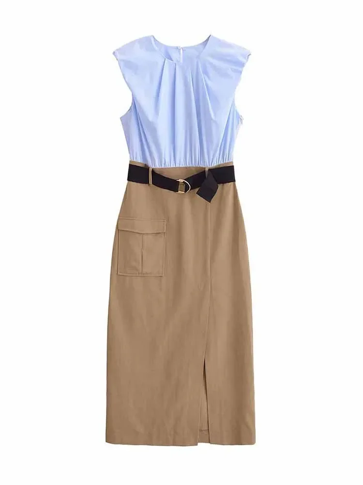 

Women's 2024 New Fashion With Belt Pocket Decoration Slim Fit Contrast O Neck Midi Dress Retro Sleeveless Women's Dress Mujer