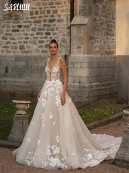 3D Flowers Weeding Dress Elegant Deep V-neck Bride Robe Appliques A-line Floor-length Bridal Dresses Vestidos De Novia