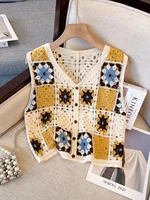 Ethnic Embroidered Hollow out ort Knitted Vest Retro Color Blo Women's Outerwear Faionable Button up Cardigan