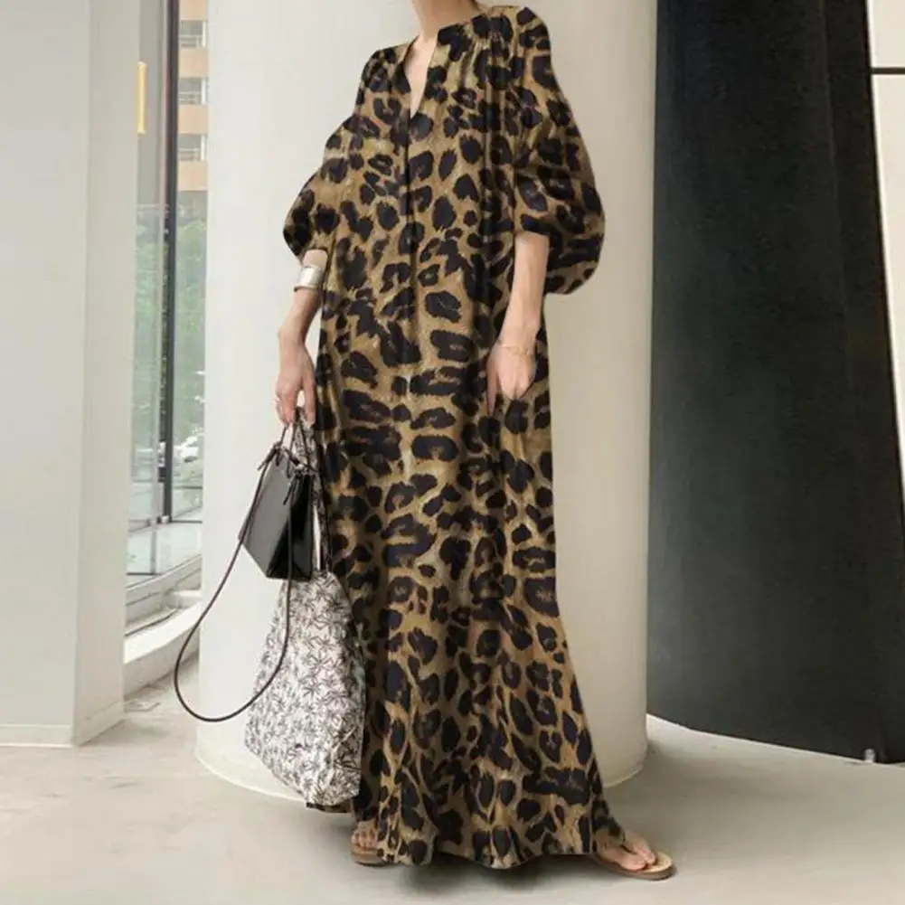 

Women Maxi Dress Leopard Print Stand Collar V Neck Oversized Bohemian Style Casual Shirt Dress Full Length Baggy Beach Dress